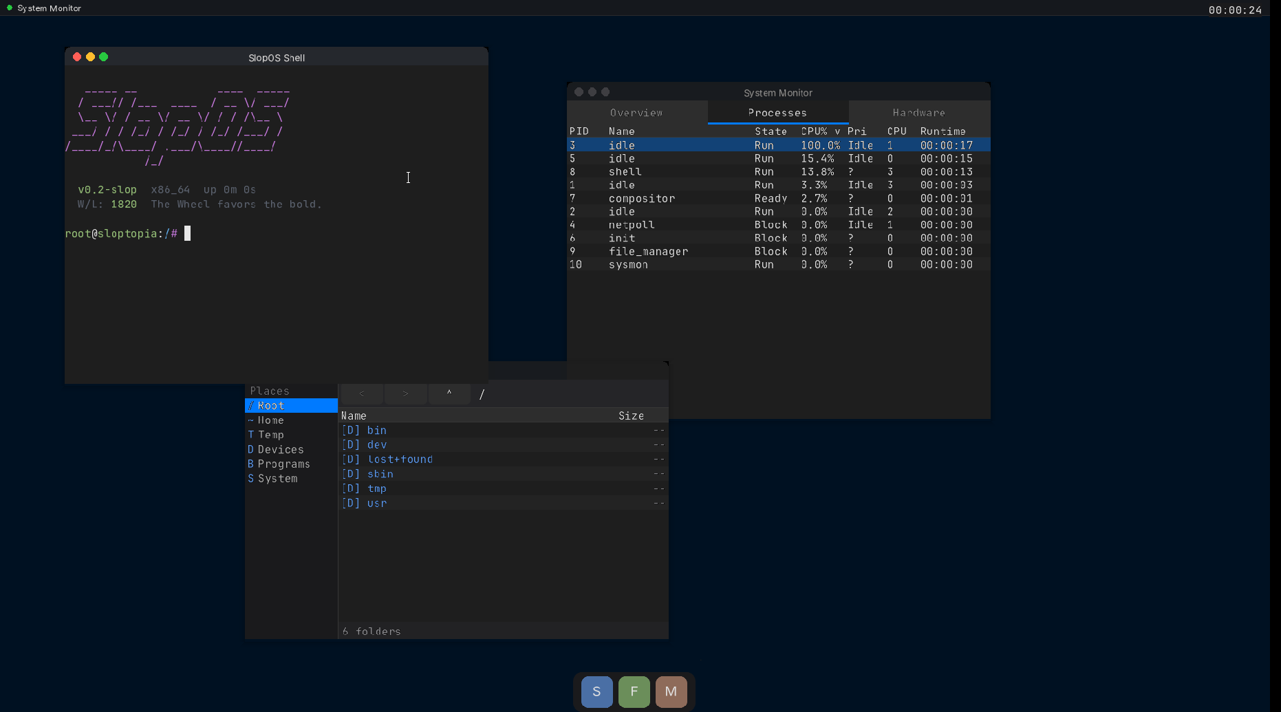 SlopOS running the Shell, System Monitor, and Files applications